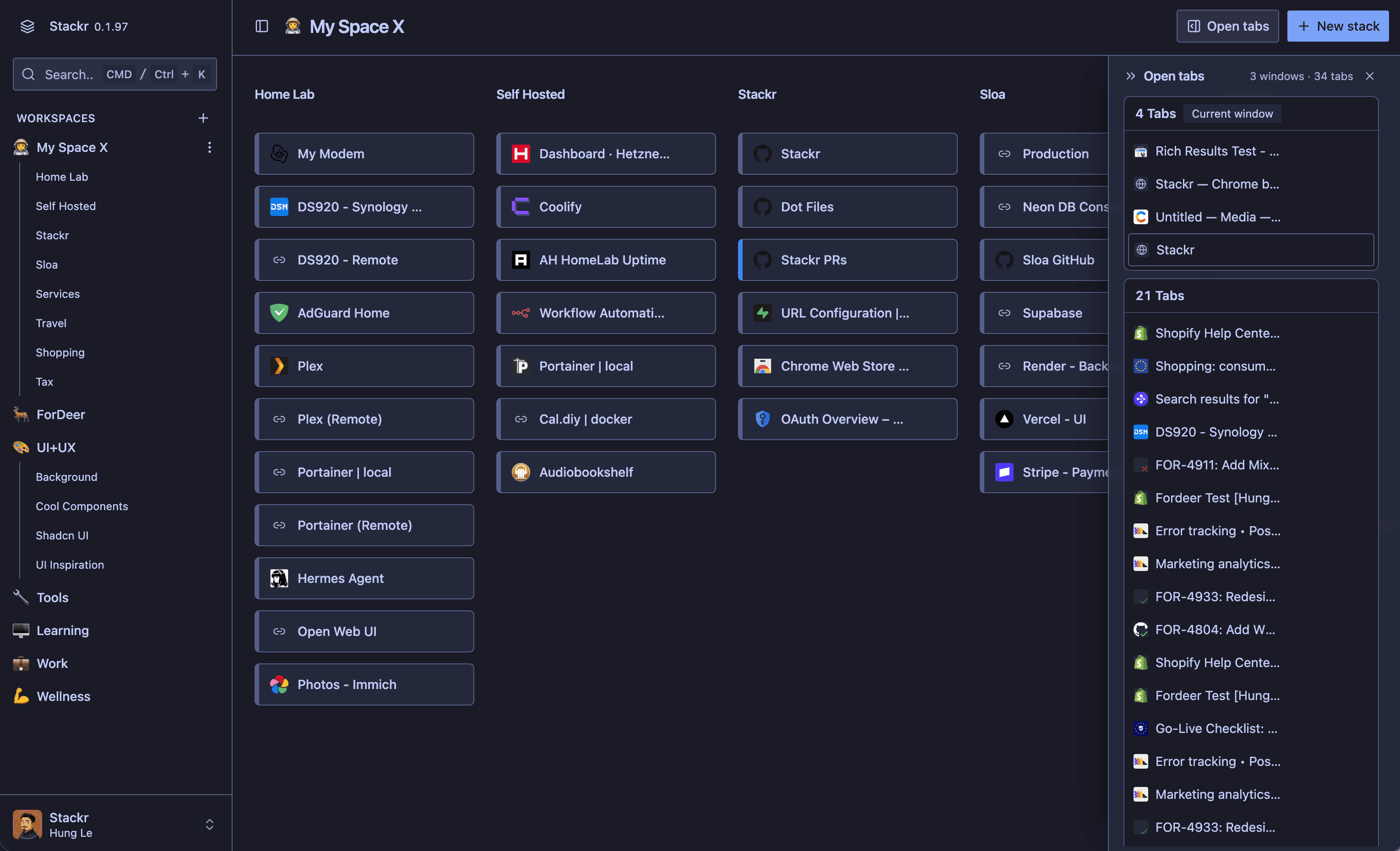 Stackr new tab dashboard with stacks and open tabs